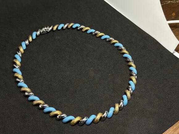 kR Jewelry - Vintage Sterling Silver 925 3 Tone Gold Turquoise Enamel Twisted Necklace KR 32g